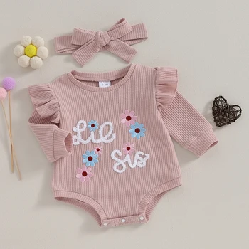 Baby Girls Džemperiai Rompers Kūdikių drabužiai Gėlių raidžių raštas Įgulos kaklas Ilgomis rankovėmis Mažylio smėlinukai su galvos juosta