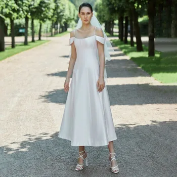 Balta vestuvinė suknelė Midi nuo peties Spagečių dirželiai Vestuvinės suknelės moterims 2024 A Line Arbatos ilgio Satin nuotakos suknelės