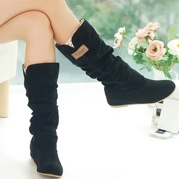 Batai Lady Boots Flat Heel Round Toe Boots-Women Winter Avalynė Rock Rubber 2023 Mid Calf Low Autumn Lace-up Fabric Riding Flo