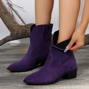 Batai moterims 2023 Žiema Naujas smailus pirštas Violetiniai moteriški batai Rudens laisvalaikio ponios vakarietiški batai Botas Altas Plataforma Mujer