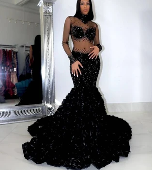 Black African American Prom Suknelės Undinė ilgomis rankovėmis Blizgučiai Karoliukais Juodos merginos Nigerijos chalatas De Soiree vakarinė suknelė