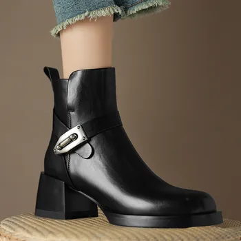 Black Real Leather Women Short Boots Platform Square High Heels Knight Botas Metal Strap Winter Chelsea Botines Femininos Zapato
