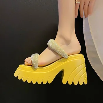 Bling Shiny Chunky Platform Slippers Women Summer 2023 Slip-On Wedge Slide Sandals Woman Fashion Thick High Heel Sandles Ladies