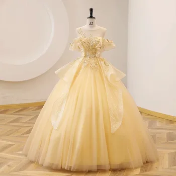 Blizgantis geltonas kaklas Quinceanera suknelės Mados aplikacijos Tiulis Oficiali princesė 15 vakarėlių gimtadienio chalatai Chalatas De Bal