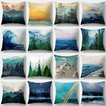 Blue Sea Mountain Landscape Cushion Cover Ink Peizažo raštas Pagalvės dėklas Saulėtekis Sniegas Vaivorykštė Sofa Namų dekoravimas Pagalvė