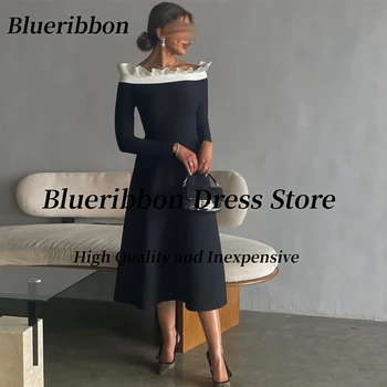 Blueribbon Office Ladies Wear Black Dresses 2024 Bateau Neck Long Sleeves Prom Dress Tea Lenth Short Cocktail Party Evening Gown