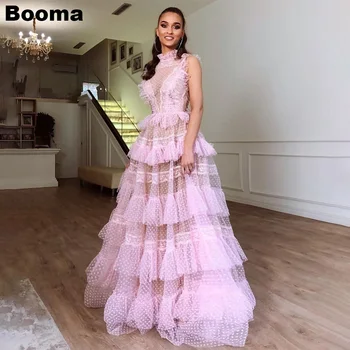 Booma Pink Elegantiškos A-Line vestuvinės vakarėlio suknelės moterims Pakopiniai taškai Tiulio apyrankės Vestuvės Vakariniai chalatai Ilgos nuotakos Prom suknelės