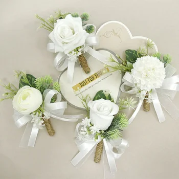 Boutonniere ir riešo korsažo vestuvių reikmenys pokylių svečiai imitavo gėles Nuotaka ir nuotaka Balta rožė 358