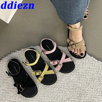 Buckle Woman Sandals New In Shoes Summer Outdoor Female Round Toe Fashion Leather Flats Sandals Gladiator For Ladies 2023