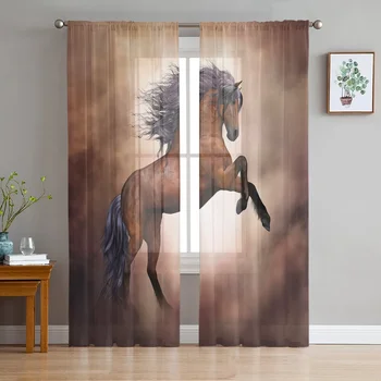 Bėgantis šuoliuojantis arklys rudas gyvūnas Tiulis Vientisos langų užuolaidos svetainei Miegamasis Modernus Voile Organza užuolaidos Užuolaidos
