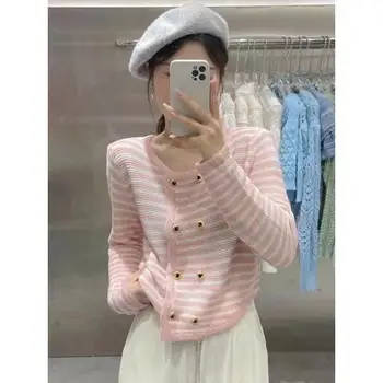 Cardigan Women Loose Thin Striped Knitting Spring New Casual Short Sweater Korean Style Double Breasted O-Neck paltai X74