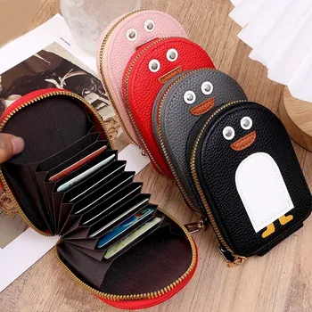 Cartoon Penguin Leather Wallet for Women Handheld Credit Card Bag Key Case New Lovable Zipper Coin Purse Lady's Name Card Holder