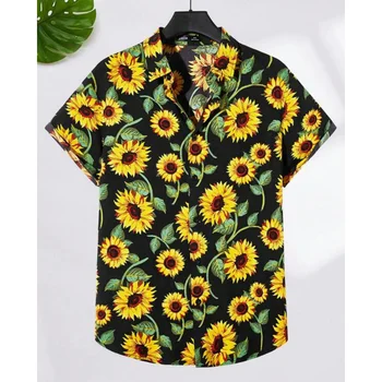 Chrizantema Marškiniai vyrui Gėlių atvartas Vyriški marškiniai Vasariniai 3D Spausdinti Laisvalaikio Havajų marškiniai Vyras Gatvės mygtukas Trumpomis rankovėmis Viršus