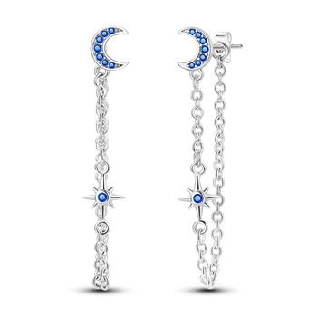 Classic 925 Sterling Silver Blue Pavé Star Moon Tassel Chain auskarai moterų mados vakarėlių papuošalų aksesuarams