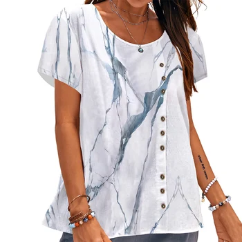CLOOCL Fashion Moteriški marškinėliai Rašalo tekstūros raštas 3D spausdintas trikotažas Mygtukas Papuošti Trumpomis rankovėmis Vasarinė laisvalaikio palaidinė