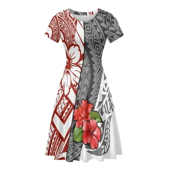Cumagical Sexy Fashion Polynesian Samoan Plumeria Print Women Off Shoulder Dress Aukštos kokybės suknelė trumpomis rankovėmis