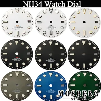 Custom Logo NH34 Juodas 29 mm sterilus laikrodžio ciferblatas su data langai Žalia šviečianti NH34 NH35 automatiniai judėjimo priedai