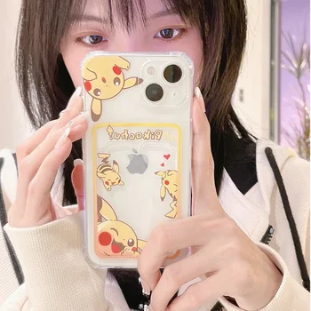 Cute Anime Pocket Monsters Pokemon Pikachu Gengar telefono dėklas, skirtas iPhone 15 14 13 12 11 Pro Max Soft Tpu piniginės dangtelio kortelių laikiklis