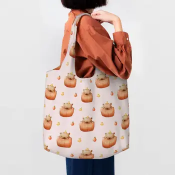 Daugkartinio naudojimo juokinga Kapibara Populiarūs gyvūnai Raštas Pirkinių krepšys Moterys Pečių drobė Tote krepšys Plaunami maisto produktai Pirkėjų krepšiai