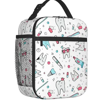 Dentist Cartoon Pattern Insulated Lunch Tote Bag for Women Teeth Brush Portable Cooler Thermal Bento Box School