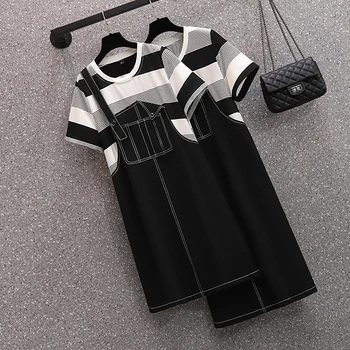 Didelio dydžio moteriški drabužiai 2022 m. vasaros naujas lieknėjimas Megztas susiuvimas Netikras dviejų dalių sijonas petnešomis Suknelė trumpomis rankovėmis BD340