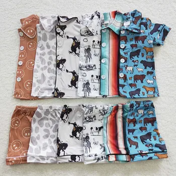 Didmeninė prekyba Vasaros mažylis Sagos aukštyn Miego drabužiai Baby Boy Megztiniai trumpomis rankovėmis Kardigano marškiniai Šortai Kūdikis Vaikas Komplektas Vaikai Vakarietiška pižama