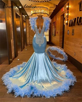 Dubajus Sliver Krištolo karoliukai Mėlynos plunksnos Prom suknelė Undinėlė Vestuvių ponios suknelės ypatingoms progoms Seksualūs vakarėlių chalatai