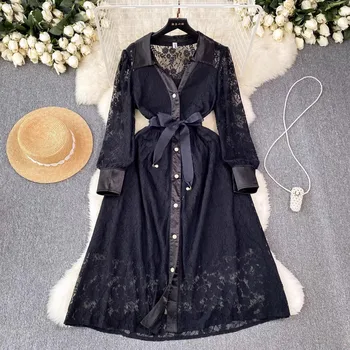Elegantiški rudens juodi tuščiaviduriai nėriniuoti marškiniai Suknelė Nauja vintažinė moteriškas atlapas Viengubas krūtinės nėriniuotas Žibinto rankovės Midi drabužiai