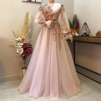 Elegantiškos 3D gėlės Moteriškos prom suknelė Rožinė V formos kaklo ilgomis rankovėmis Tiulis Vestuvinė suknelė A-line Grindų ilgis Mados vakarinė suknelė