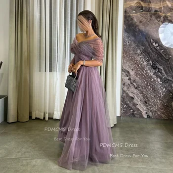 Elegantiškos blizgios violetinės tiulio vakarėlio vakarėlio suknelės, nuplėštos nuo pečių blizgučių arabiškų prom chalatų Oficialus gimtadienis Vestidos de Noche
