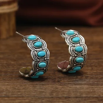 Etniniai mėlyno akmens lankelio auskarai moterims Bohemijos vintažiniai C formos turkio formos auskarai Čigonų genties indėnų vakarėlių papuošalų dovana