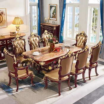 europietiško stiliaus marmurinis valgomojo stalas, stačiakampis vilos valgomojo stalas ir kėdės, prabangus raudono sandalmedžio kvadratinis stalas