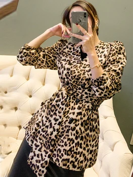 Fashion Leopard Moteriškas paltas Retro Aukštos kokybės darbo stilius Tvarstis ilgomis rankovėmis Lauko striukės Elegantiškos viršūnės Moterų vakarėlių gatvė
