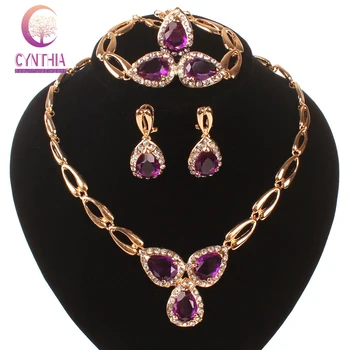 Fashion Purple Gem Austrian Crystal Jewelry Sets Necklace Bracelet Earkarai Žiedas Vestuvių vakarėlis Bižuterija Dėžutės