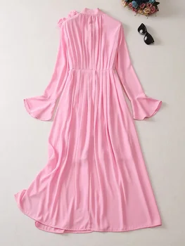 Fashion Runway rudens suknelės moterims 2023 Vestido Fiesta Feminino rožinė flare rankovė 3D gėlių ilgas Maxi chalatas elegantiškas