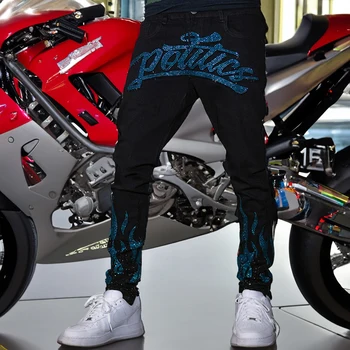 Fashion Vyriški juodi tamprūs liesi skylės džinsai Dizaineris Aukštos kokybės motociklo kelnės Street Denim Rhinestone Pencil Kelnės Y2k