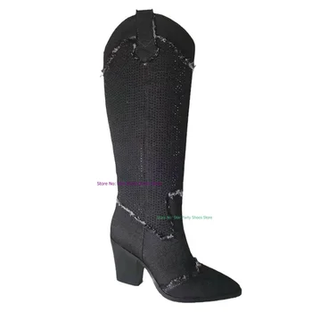 Fashion Woman Crystal Decoration Square High Heel Knee High Boots Pointed Toe Female Slip On Black Suede Short Boots Shoes