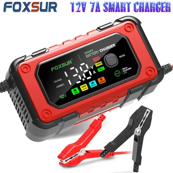 FOXSUR Smart Car Battery Charger for 12V 7A AGM GEL LiFePO4 akumuliatorių desulfatorius, motociklų greito įkrovimo prižiūrėtojas su remontu