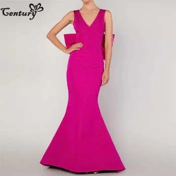 Fuchsia Prom suknelė Ilgas didelis lankas be nugaros Satino vakariniai vakariniai chalatai Undinės oficialios suknelės Chalatas De Soiree Femme