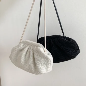 Fuzzy Cloud Bag Moterų naujas korėjietiškas stilius, mažos apimties plisuotas pasiuntinio spaustuko krepšys paprastas pečių krepšys