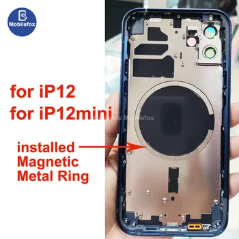 Galinės baterijos durelių korpusas Stiklinis dangtelis su magnetiniu metaliniu žiedu, skirtas iPhone 12 mini 12 Pro Max šoniniai mygtukai Sim kortelių dėklas