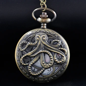 Giliavandenių aštuonkojų raštas Vintažinis bronzinis kišeninis laikrodis Vyrai ir moterys Madingas pakabinamas kvarcinis laikrodis su vėrinio grandinėle Geriausia dovana