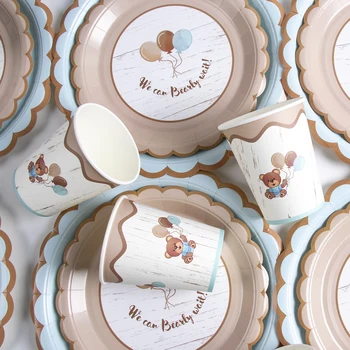 Gimtadienio vakarėlis Vienkartinių indų rinkinys Retro rudas lokys popierinis lėkštės puodelis Kūdikio dušas Gimtadienio vakarėlis Stalo dekoravimo reikmenys