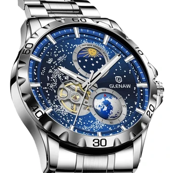 GLENAW Vyriškas laisvalaikio laikas Mechaninis rankinis laikrodis Mėnesienos fazės vandeniui atsparus laikrodis Tuo Smagračio švytėjimas Nerūdijančio plieno laikrodis