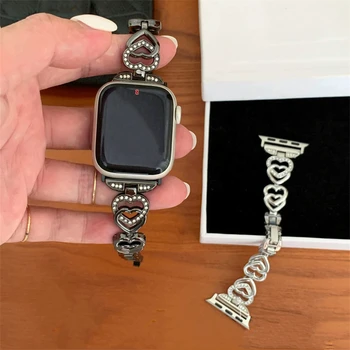 Glitter Diamand Love Heart Metal Dirželis Apple Watch Band 41mm 49mm 40mm 44 38 45 Cinko lydinio juosta, skirta iWatch Series 8 7 SE 6 5