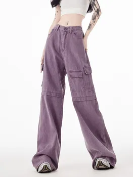 GUUZYUVIZ Vintage Purple Denim Cargo Pants Casual Loose Pocket Straight Wide Leg Baggy Jeans Y2K Streetwear Low Rise Jeans Femme