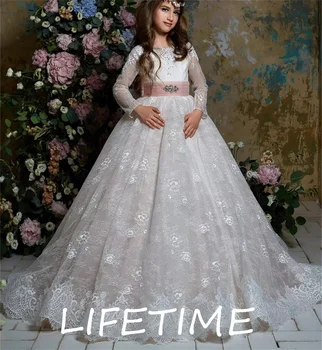 Gėlių mergaičių suknelės vestuvėms 2023 m. Kamuolinė suknelė Komunija Minkšta nėriniuota suknelė ilgomis rankovėmis Mažylis Oficialūs vakarėlių chalatai Vaikai