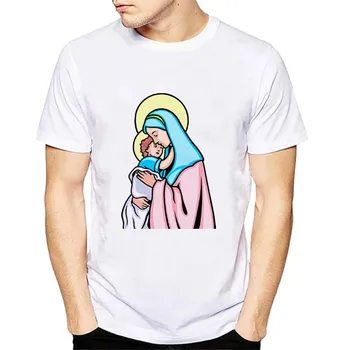 Gėlių Mergelė Marija Spausdina marškinėlius Dievo Motina Jėzus Retro Tops Tees Kruvina Marija Karūna Vyriški medvilniniai marškinėliai