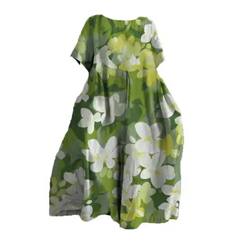 gėlių rašto suknelė Lady Soft Midi suknelė Bohemiško stiliaus gėlėta marginta midi suknelė moterims Laisvas apvalus kaklas Trumpomis rankovėmis minkštas