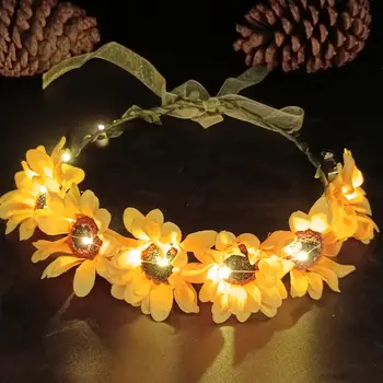 Gėlių vainikas Saulėgrąžų galvos apdangalų vainikas mergaitėms Moterys Vaikų galvos juosta Įsižiebia LED plaukų gėlių vainiko nuotraukų priedai